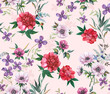 Bright feminine watercolor botanical floral fashionable stylish pattern with peony and anemone flowers on a light pink background.