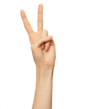 Female Hand Show Number Two, 2 Finger Isolated On White. Women Hand Show Sign Victory Or V Symbol