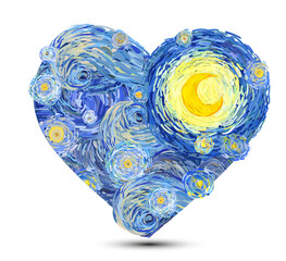 Wall Mural - Heart shape of glowing yellow moon on a starry sky isolated on white background. Vector illustration in the impressionist style.