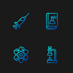 Sticker - Set line Test tube flask on fire, Atom, Syringe and Genetic engineering book. Gradient color icons. Vector