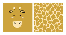 Giraffe Graphics. Hand Drawn Card With Cute Giraffe Face And African Giraffe Skin Pattern. Seamless Background. Kids Giraffe Animal Character. Baby Poster, Nursery Wall Art, Card, Room Decoration.