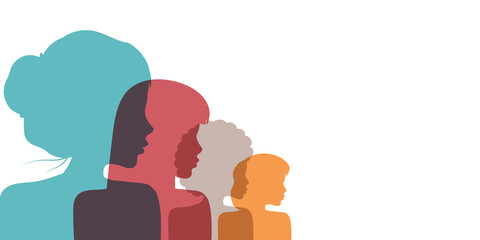 Racial equality and anti-racism. Silhouette profile group of women and girls of diverse culture. Social image. Vector banner.