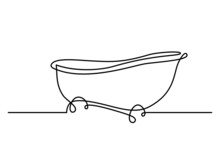 Bathtub In Continuous Line Art Drawing Style. Clawfoot Tub Minimalist Black Linear Design Isolated On White Background. Vector Illustration