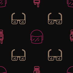 Sticker - Set line Walkie talkie, Safety goggle glasses and Police helmet on seamless pattern. Vector