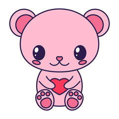  Kawaii Valentine Day icon bear. Love symbol in the fashionable pop line art style. The cute bear with heart is in soft pink, red, and coral color. Vector illustration isolated on white.