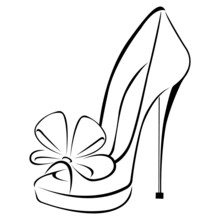 Women`s Fashionable Decorative High-heeled Shoes With A Bow. Shoes With An Open Toe. Sketch Design Is Suitable For Icons, Shoe Stores, Exhibitions, Logos, Tattoos, Stickers, Prints. Isolated Vector