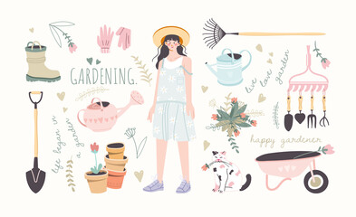 Cute garden set. Illustrations of garden tools for growing and caring for plants. Collection of cute graphic elements: watering can, shovel, rake, gardener girl and more. Vector in cartoon style