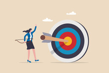 Achieve Target, Reach Goal Or Success Female Entrepreneur, Aiming To Hit Bullseye Target Concept, Cheerful Businesswoman Archery Shot Arrow To Hit Big Target.