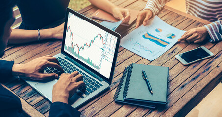 Stock market data chart analysis by ingenious computer software . Investment application display stock market chart on the computer screen and advise trading decision .