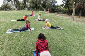 Wall Mural - Multi generational people doing yoga class at city park