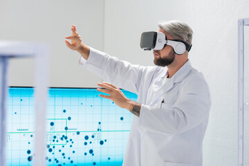 Canvas Print - Genetic engineers are using Virtual Reality technology. Professional team of scientists is working on a vaccine in a modern scientific research laboratory. Science of future.