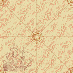 Wall Mural - vector image of seamless texture of vintage nautical map in the style of medieval engravings	