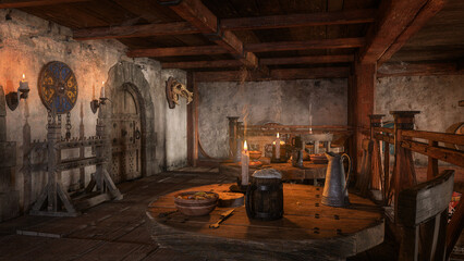 Poster - Upstairs dining room in a medieval inn with food and drink on the tables and shields decorating the walls. 3D rendering.