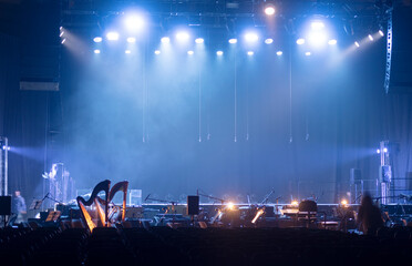 stage lighting in the theater and at the concert. Lighting equipment on an empty stage.