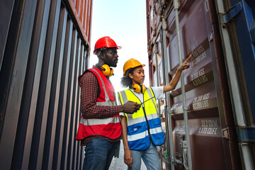 Two African american male and female worker check and control loading freight containers from Cargo freight ship for import export.