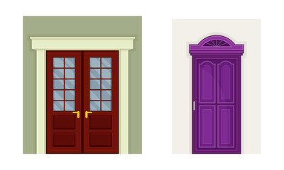 Wall Mural - Vintage style wooden doors set. Front doorway exterior vector illustration