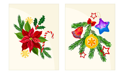 Wall Mural - Xmas floral composition with holly berry, poinsettia, fir tree branches and baubles. Merry Christmas and Happy New Year Holidays card templates set vector illustration