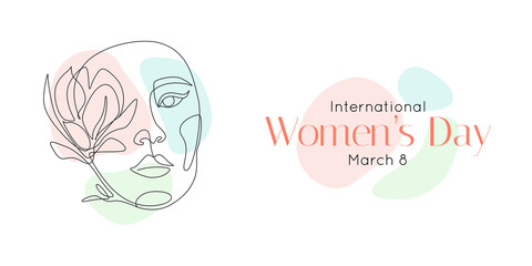 Poster - International women's day greeting card. Woman face with flower in one continuous line drawing. Abstract female portrait in simple linear style. Doodle Vector illustration for 8 march
