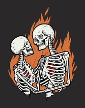 Skeleton Couple Hugging And Kissing In Fire. Isolated Dead Lovers Valentines Day Vector Illustration.