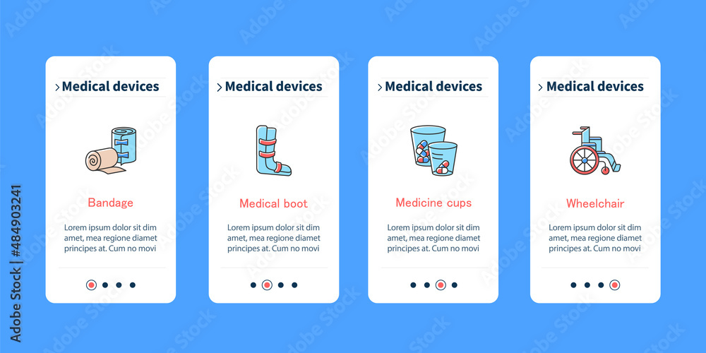 Medical devices onboarding mobile app screens. Treatment steps menu ...