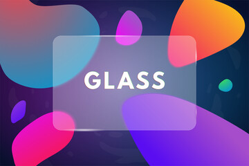 Transparent glass on dark blue background with colorful blobs. Glass morphism style vector image. Translucent glass or plastic card. Place for text. Banner for text on matte glass. 