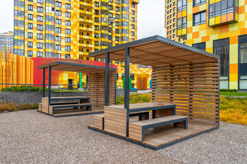 Gazebo for lunch in the courtyard of a residential complex, St. Petersburg, Russia