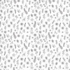Floral and leaves seamless pattern. Hand drawn linear and silhouette flowers, branches, leaves textures. Cute flower patterns. elegant template for fashionable printers.