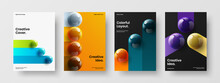 Geometric Flyer A4 Design Vector Layout Set. Multicolored Realistic Spheres Book Cover Template Collection.