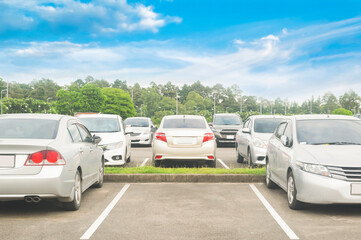 Wall Mural - Car parking in asphalt parking lot and empty space parking with trees, white cloud and blue sky background.