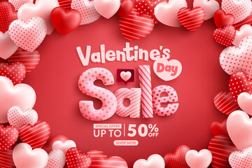 Wall Mural - Valentine's Day Sale 50% off Poster or banner with many sweet hearts and on red background.Promotion and shopping template or background for Love and Valentine's day concept.Vector illustration eps 10
