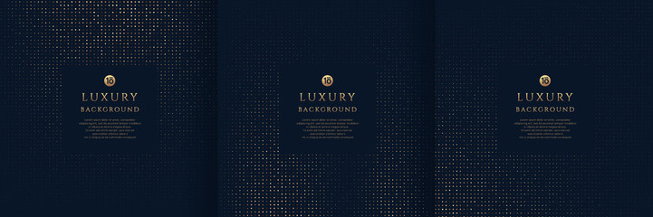 Wall Mural - Set of glowing golden dots glitter overlapping on dark blue background. Collection of luxury and elegant halftone pattern with copy space. Vector design for cover template, poster, banner, print ad.