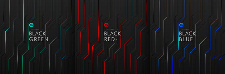 Wall Mural - Set of dynamic green, blue and red light on black metallic cyber geometric design in circuit style. Modern technology futuristic dark background. Design for banner, cover, web, flyer. Vector EPS10