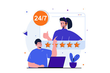 Fototapete - Customer service modern flat concept for web banner design. Client successfully solved his problem with help of virtual operator and gives high rating. Vector illustration with isolated people scene