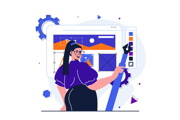 Wall Mural - designer studio modern flat concept for web banner design. woman illustrator holding pen, drawing gr