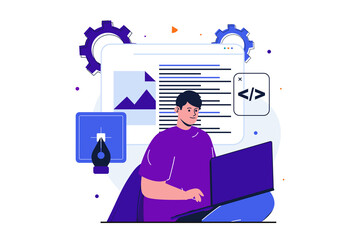 Aufkleber - Designer studio modern flat concept for web banner design. Man developer works on laptop, writes code and scripts, creates and optimizes website layout. Vector illustration with isolated people scene