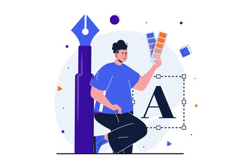 Wall Mural - designer studio modern flat concept for web banner design. man illustrator stands near artist workin