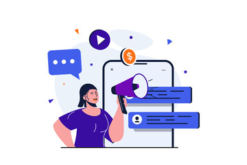 Fototapete - Digital marketing modern flat concept for web banner design. Woman with megaphone makes advertising mailings in chats and online business promotion. Vector illustration with isolated people scene
