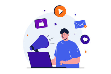Leinwandbilder - Digital marketing modern flat concept for web banner design. Male marketer creates promotional video content, makes mailings and attracts new customers. Vector illustration with isolated people scene