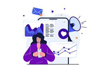 Aufkleber - Digital marketing modern flat concept for web banner design. Woman analyzes data from advertising campaigns and studies market to promote e-business. Vector illustration with isolated people scene
