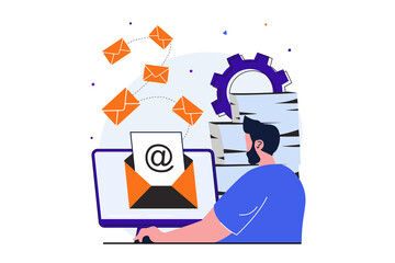 Leinwandbilder - Email service modern flat concept for web banner design. Man reads and responds to incoming letters while sitting at computer. Online correspondence. Vector illustration with isolated people scene