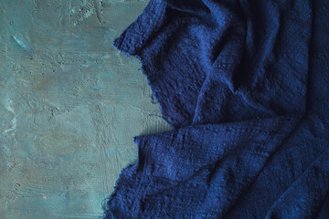 Linen cloth blue texture background. Wrinkled Linen blue fabric.