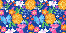 Sweet Seamless Floral And Butterfly Pattern In A Bright, Trendy Color Scheme. A Modern Twist On A Folksy, Retro Floral Print.