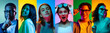 © master1305 - Diversity. Youth with different emotions. Set of portraits of young excited multiethnic people on multicolored background in neon. Art, beauty, creativity, fashion
