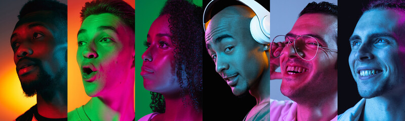 Set of closeup portraits of young excited multiethnic people on multicolored background in neon. Concept of human emotions, facial expression, sales.