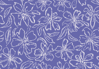 Wall Mural - Scribbled very peri botanical florals seamless repeat pattern. Random placed, hand drawn vector flowers with leaves all over print background.