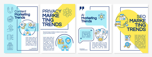 Current marketing trends blue and yellow brochure template. Leaflet design with linear icons. 4 vector layouts for presentation, annual reports. Questrial-Regular, Lato-Regular fonts used