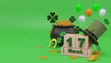 Happy St. Patrick's Day Greeting Podium, Beer Glass And Green Hat On Bright Green Background. 3d Rendering