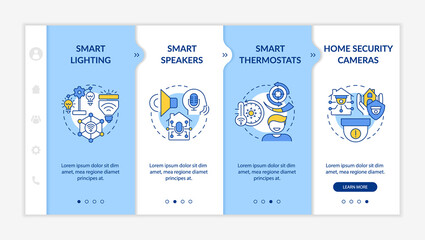 Wall Mural - smart home gadgets blue and white onboarding template. speakers and lightbulbs. responsive mobile we