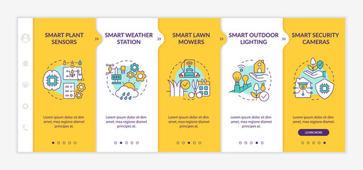 Canvas Print - Smart devices for gardening yellow onboarding template. Outdoor lighting. Responsive mobile website with linear concept icons. Web page walkthrough 5 step screens. Lato-Bold, Regular fonts used