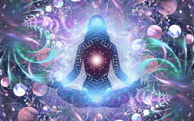 Wall Mural - Silhouette of a girl in Lotus position on the background of the universe. A state of trance and deep meditation. A spiritual journey in the universe.